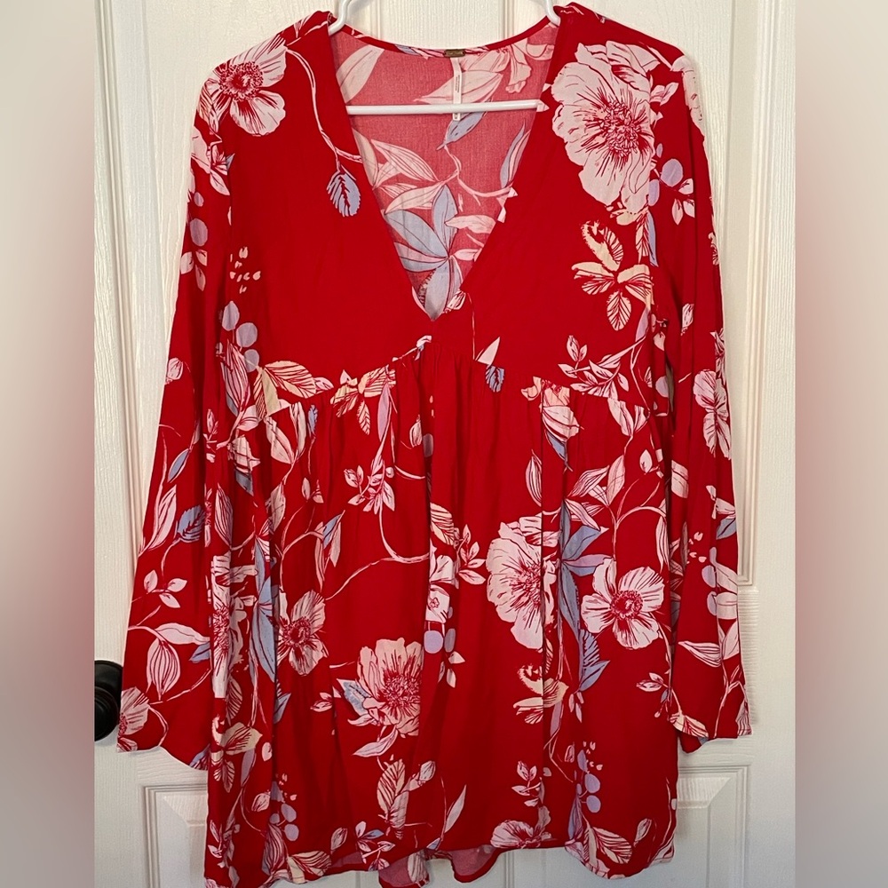 Free People Red Floral Babydoll Dress Tunic